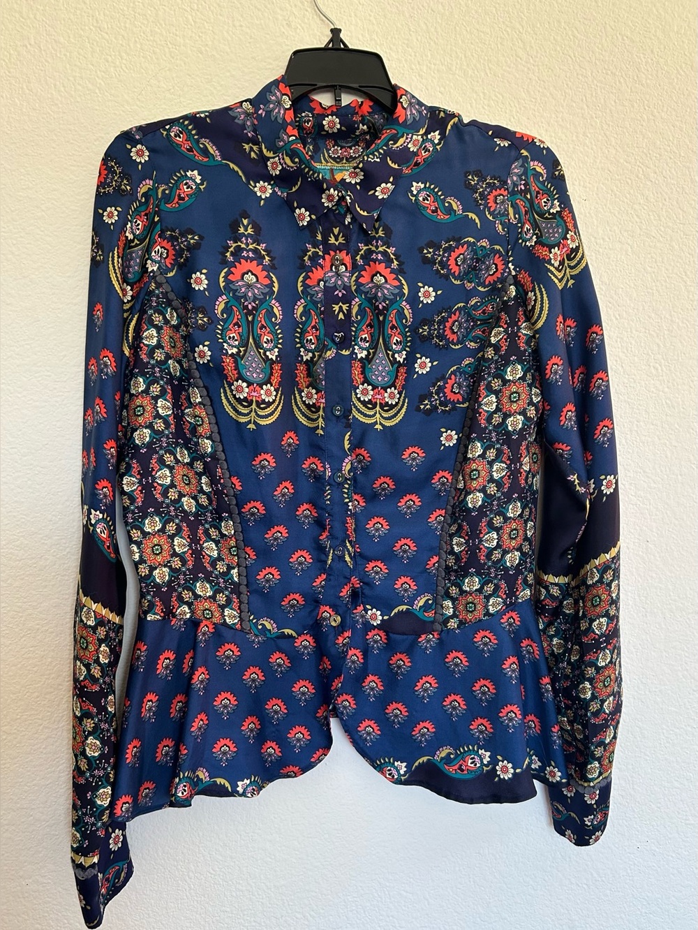 Johnny Was Navy Paisley Floral Peplum Long-Sleeve silk designer Dress Shirt